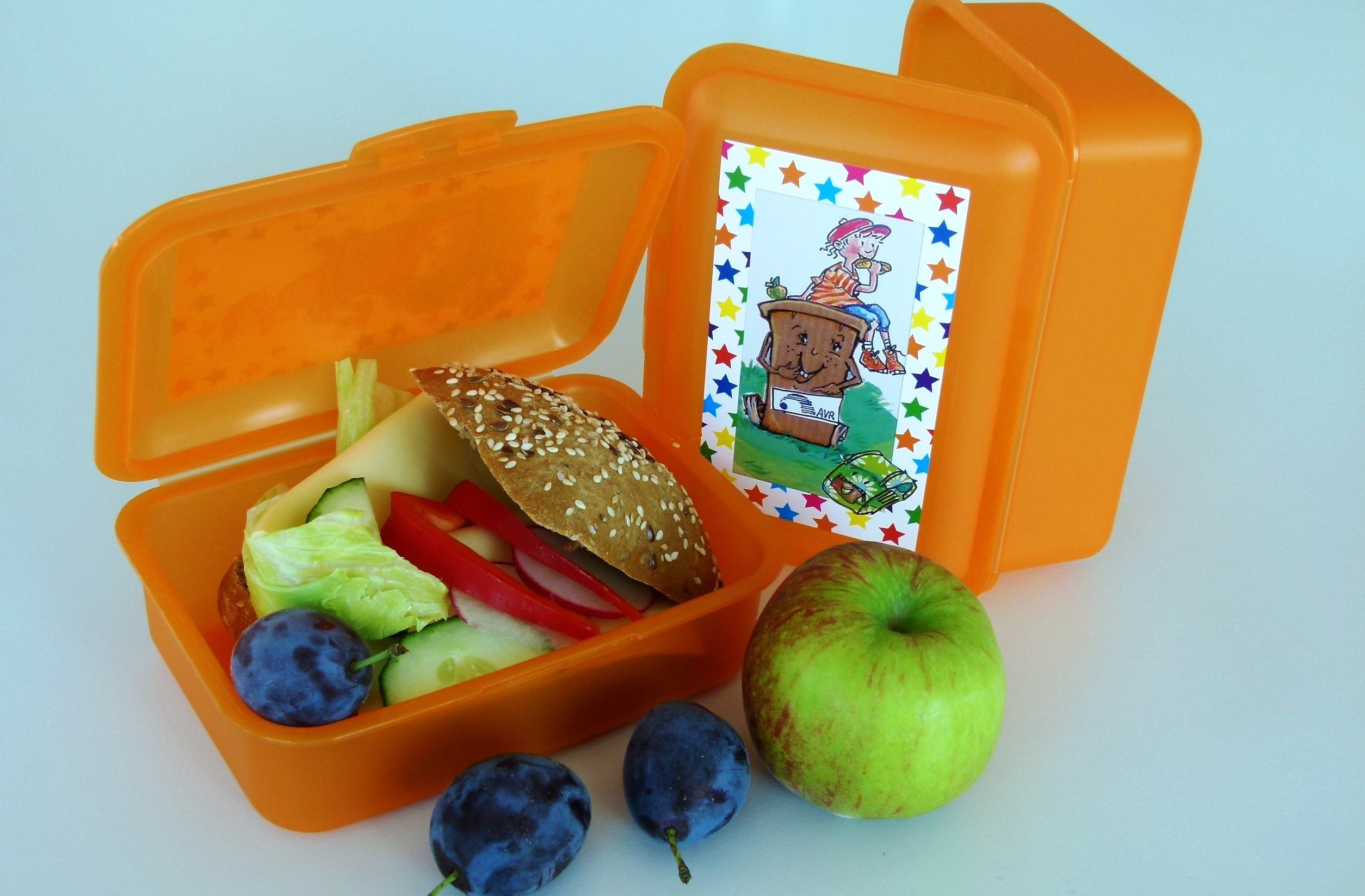 Brotdose der AVR gefüllt mit einem gesunden Pausenbrot und Obst